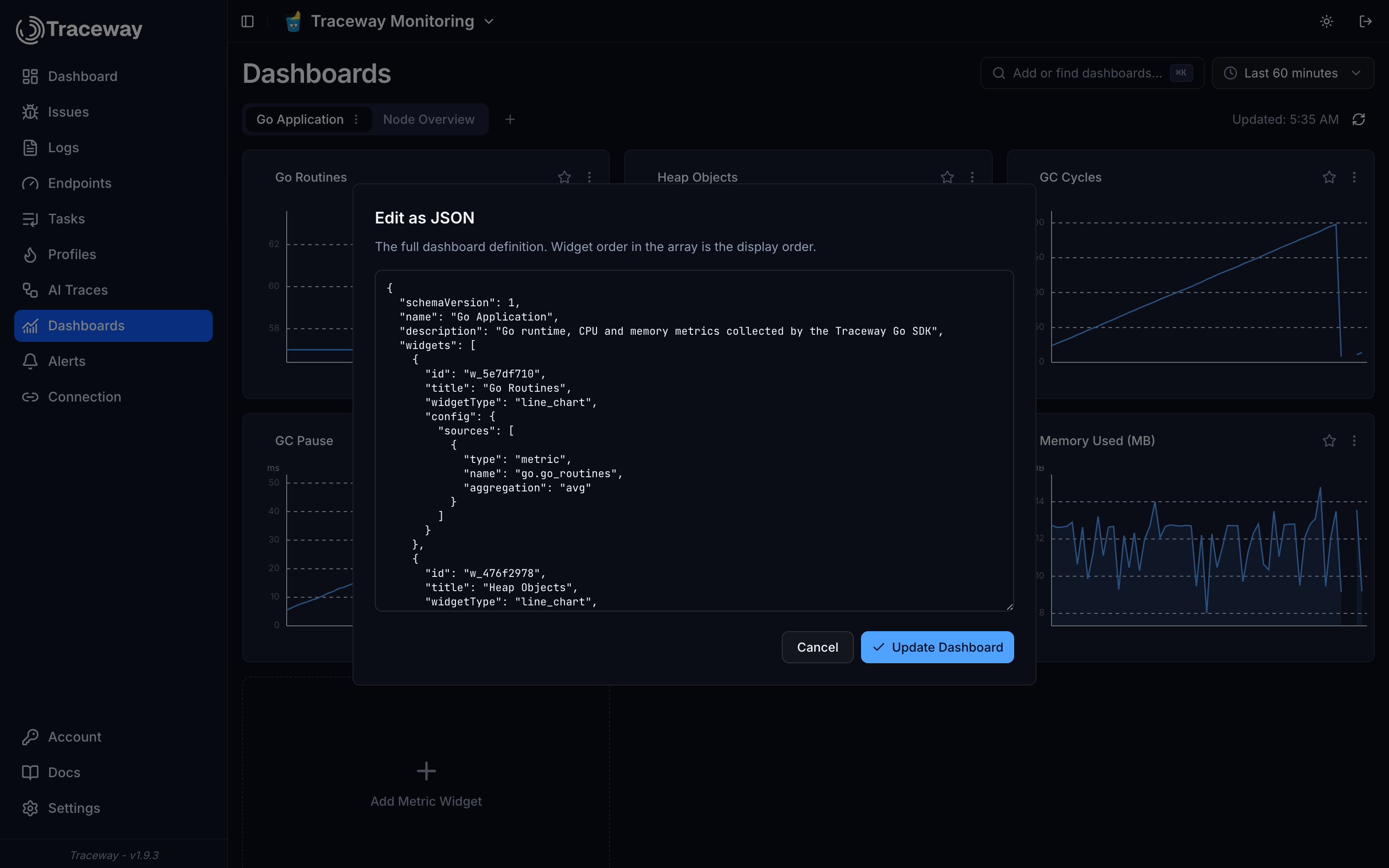 Editing a Traceway dashboard as JSON