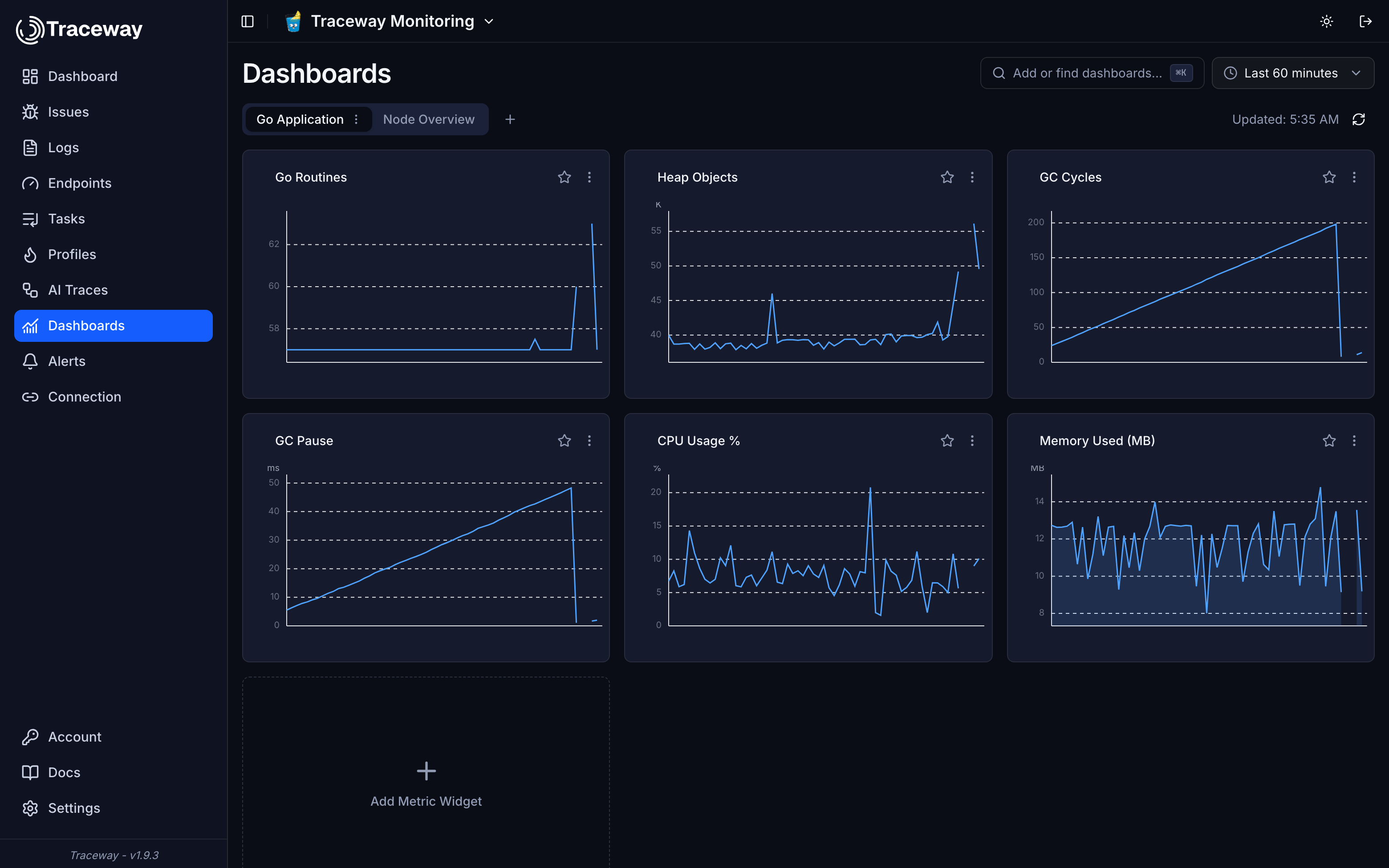 The Traceway dashboards page