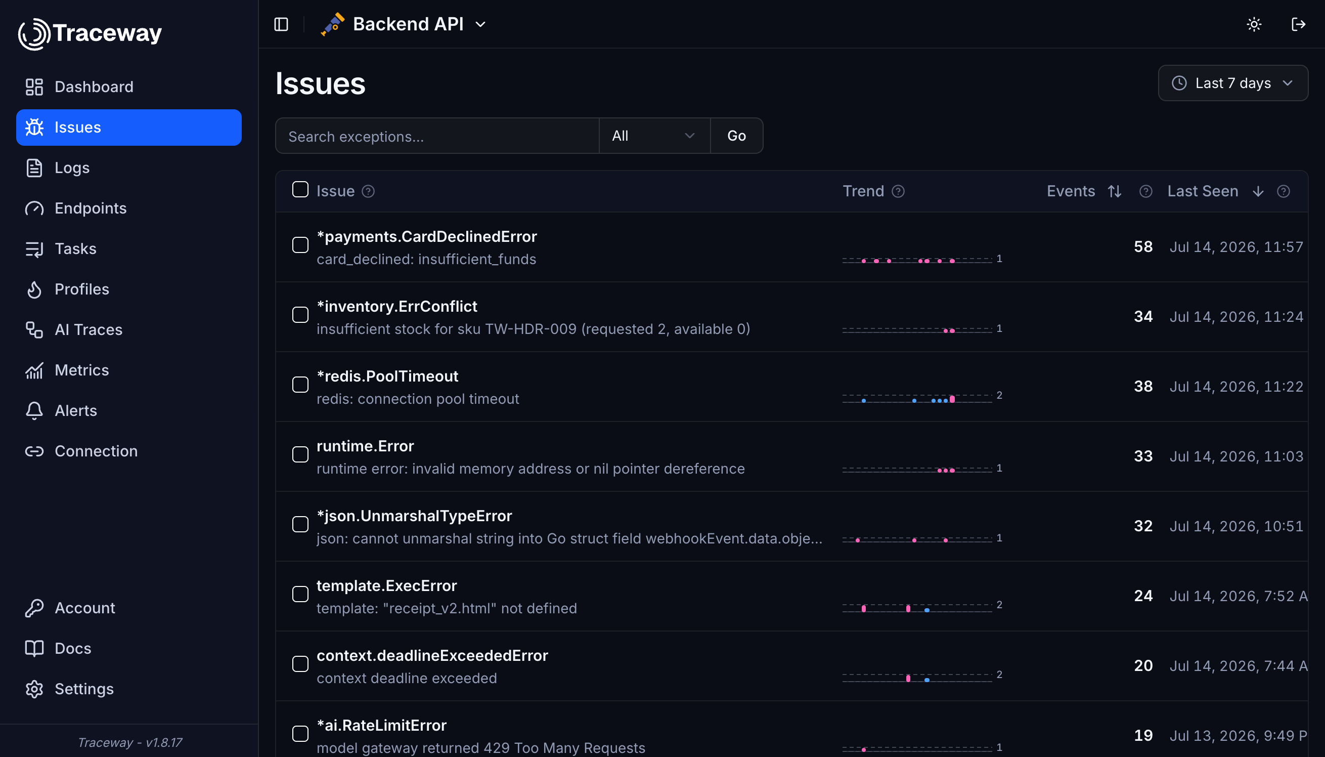 Exception tracking interface