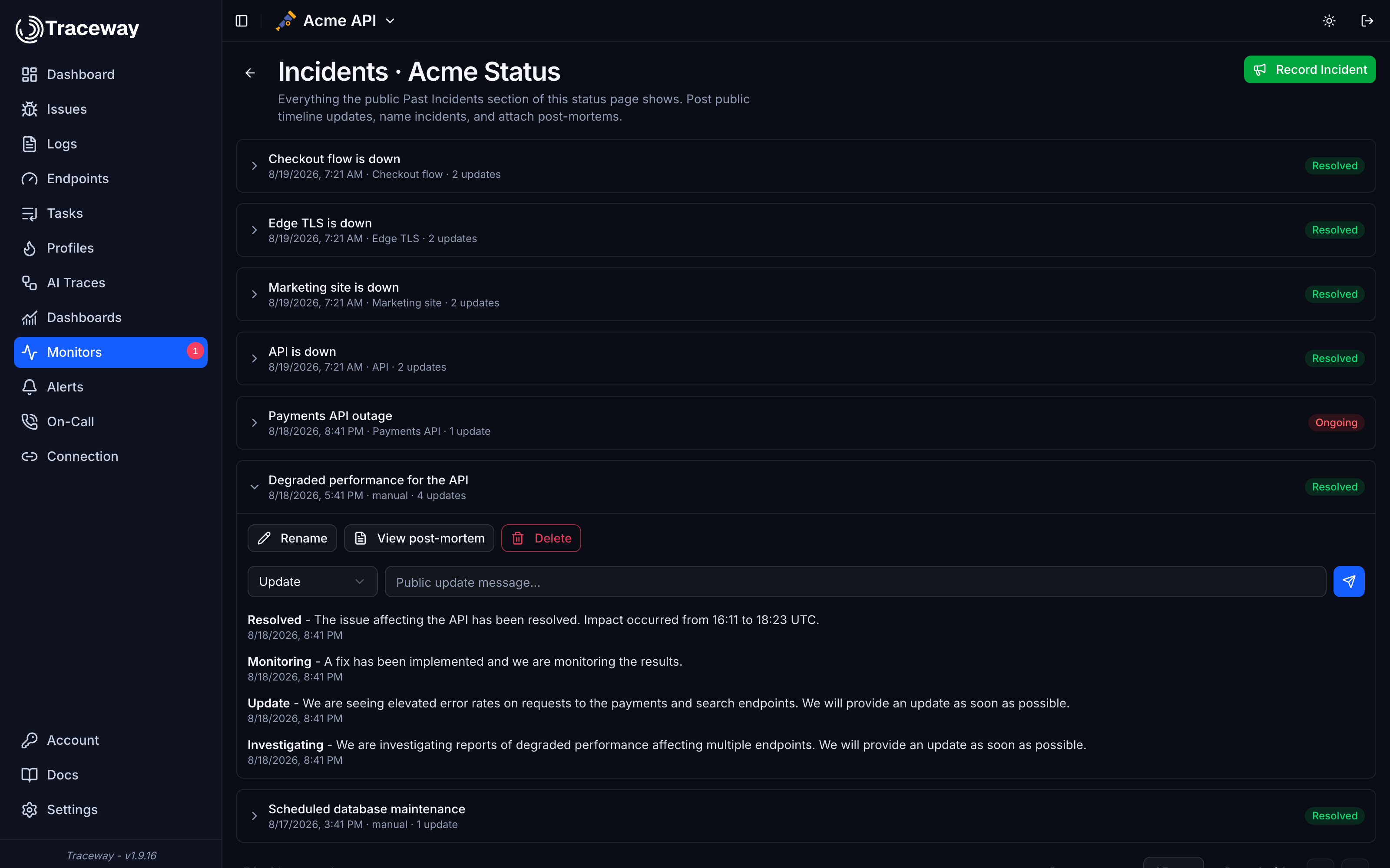 Managing a status page's incidents in Traceway: renaming, posting public timeline updates, and attaching a post-mortem