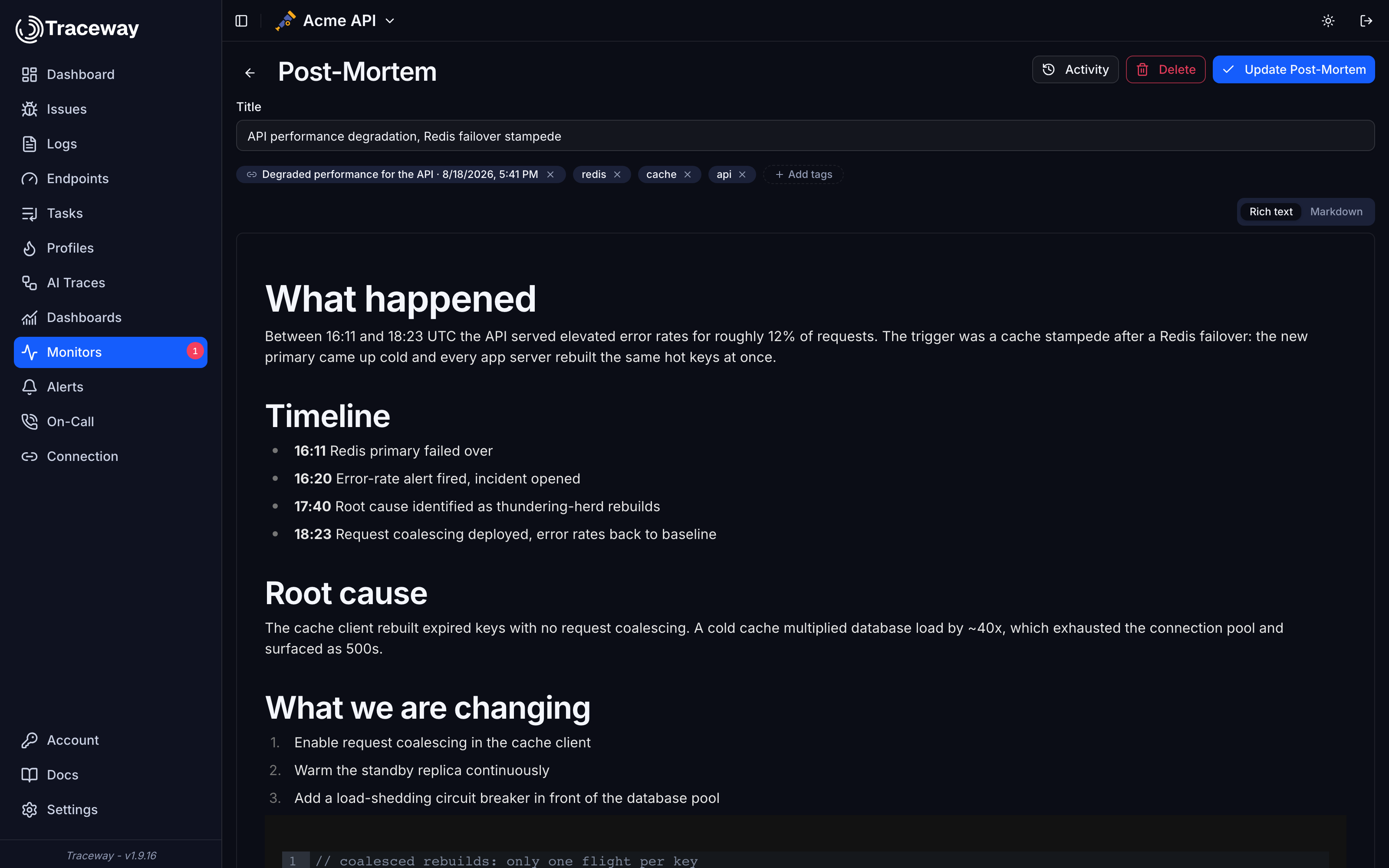 Writing an internal post-mortem in Traceway with tags, a linked incident, and an activity log