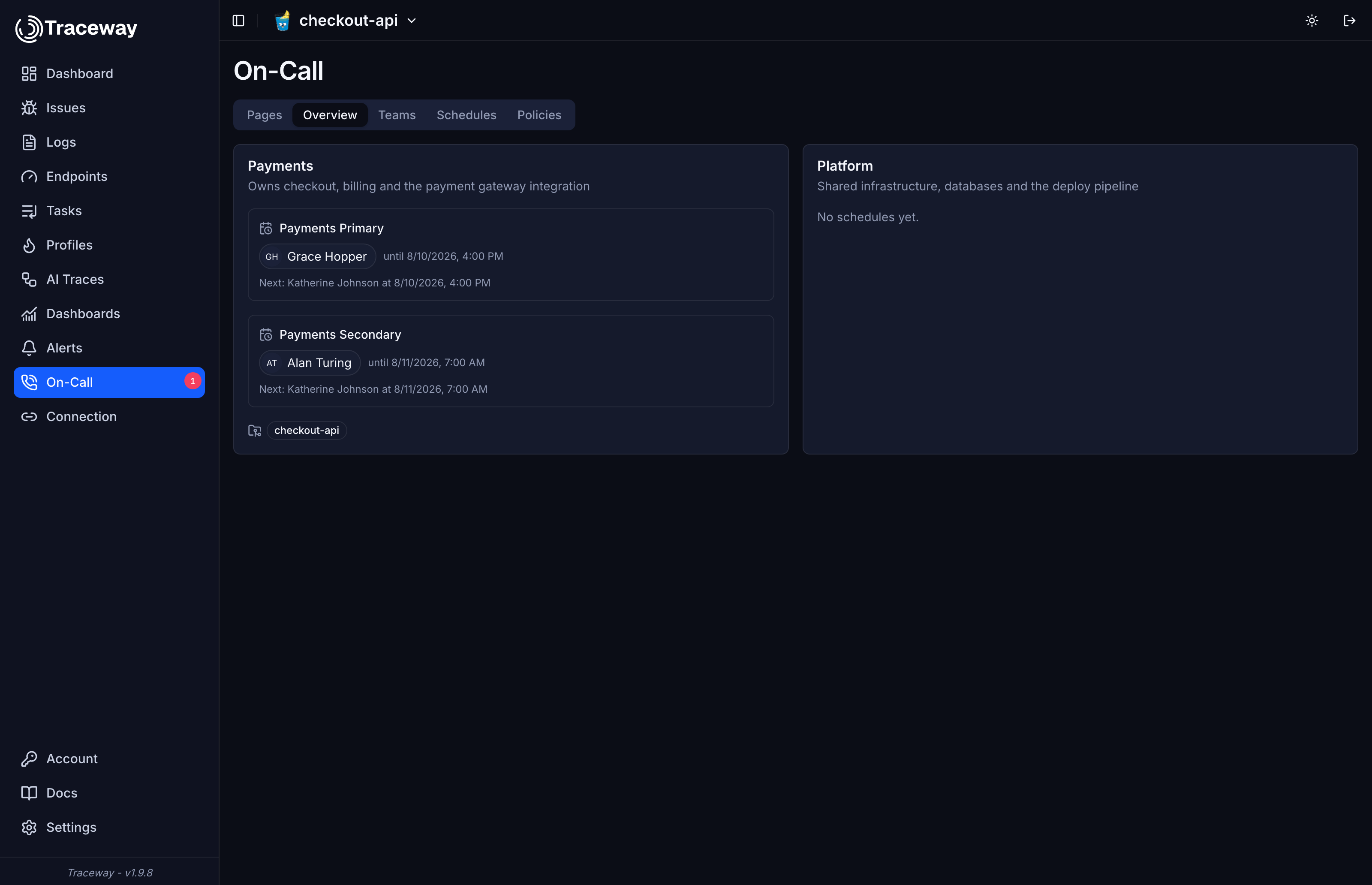 Current and next on-call per team and schedule