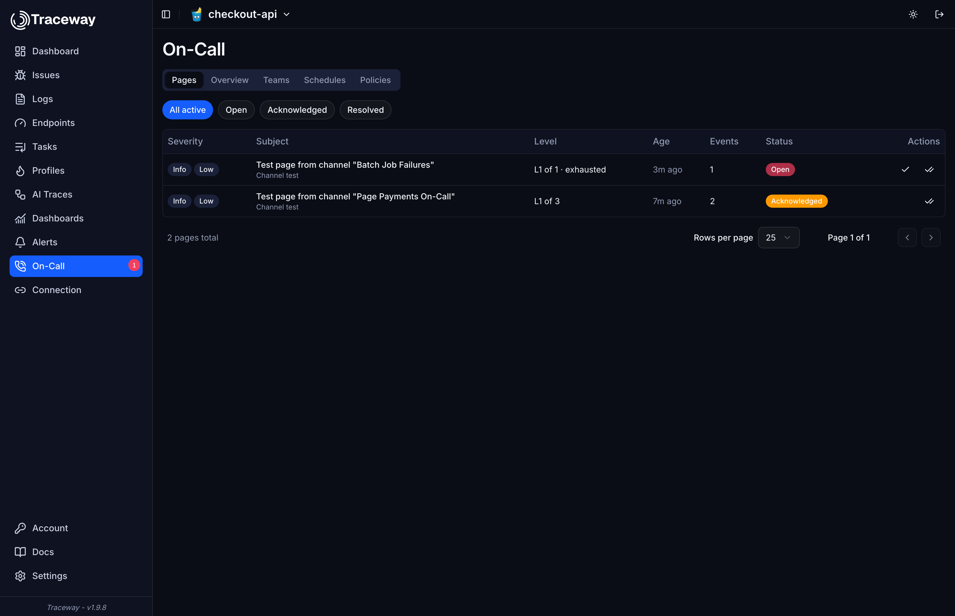 The Traceway on-call incident queue