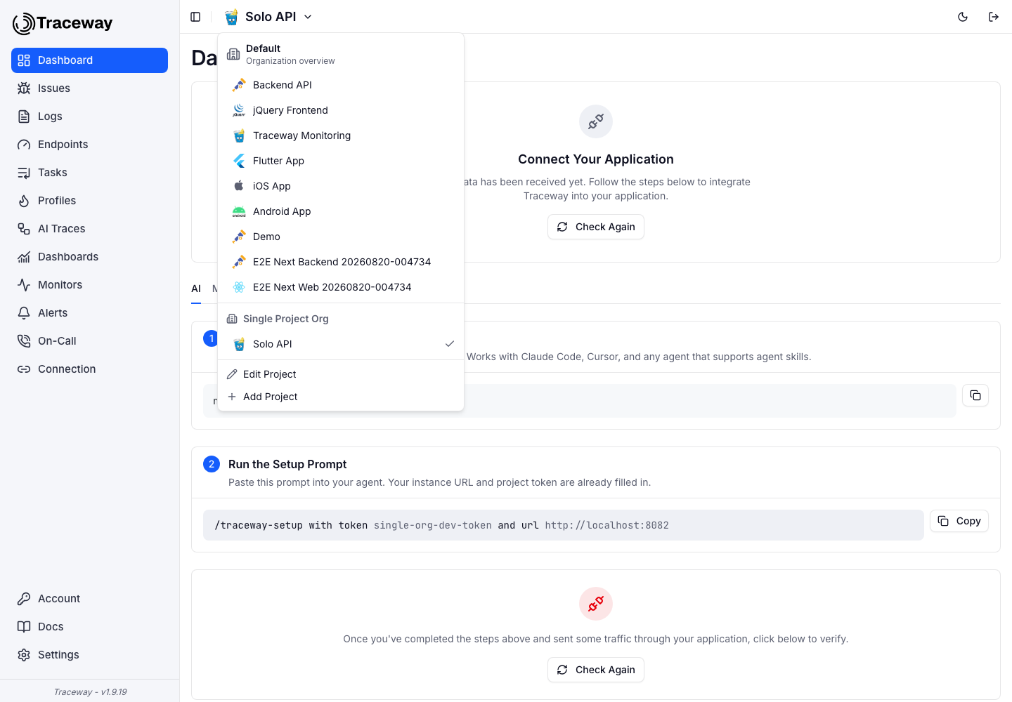 The Traceway header switcher, listing organizations with their projects nested underneath